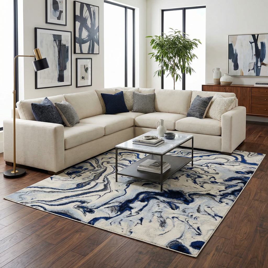 Glendon Cream Blue Marble Rug - Clearance
