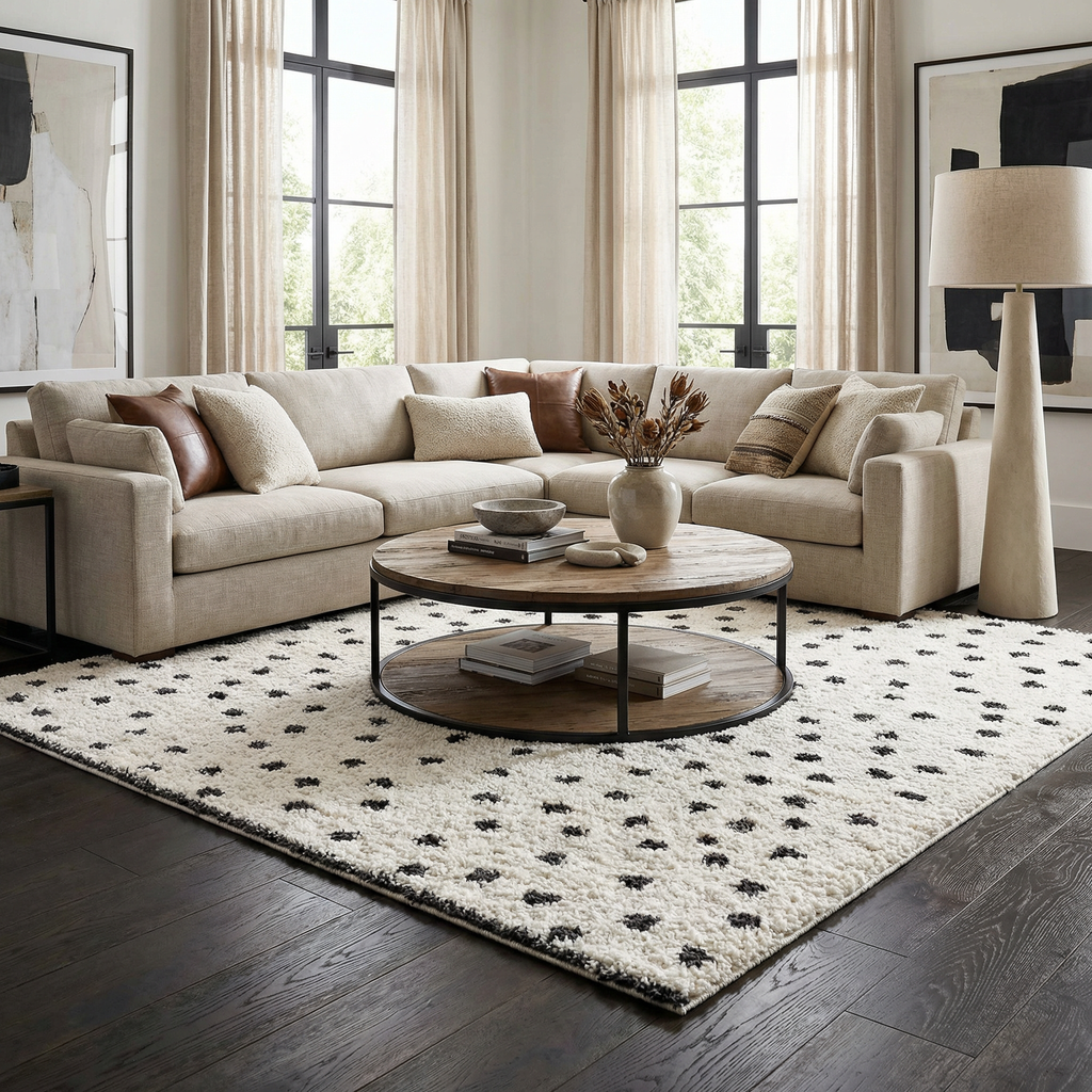 Chaia Dotted Black & White Plush Rug - Clearance