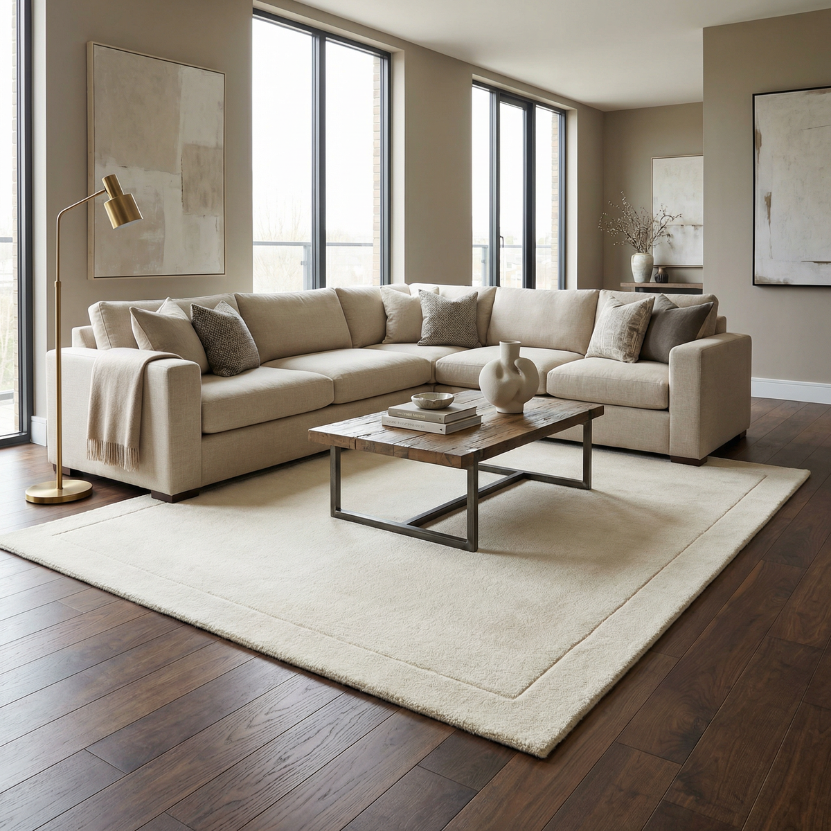 Bordered Solid Beige Cream Wool Rug