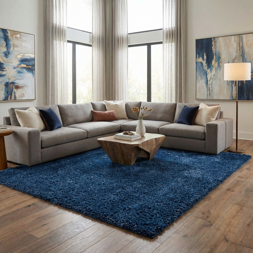 Faina Solid Dark Blue Shag Washable Area Rug