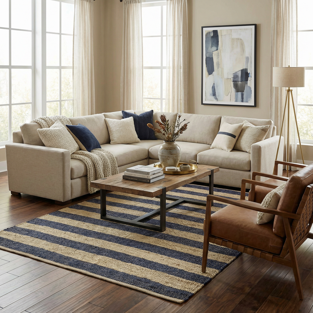 Ilkay Beige & Navy Jute Area Rug - Clearance