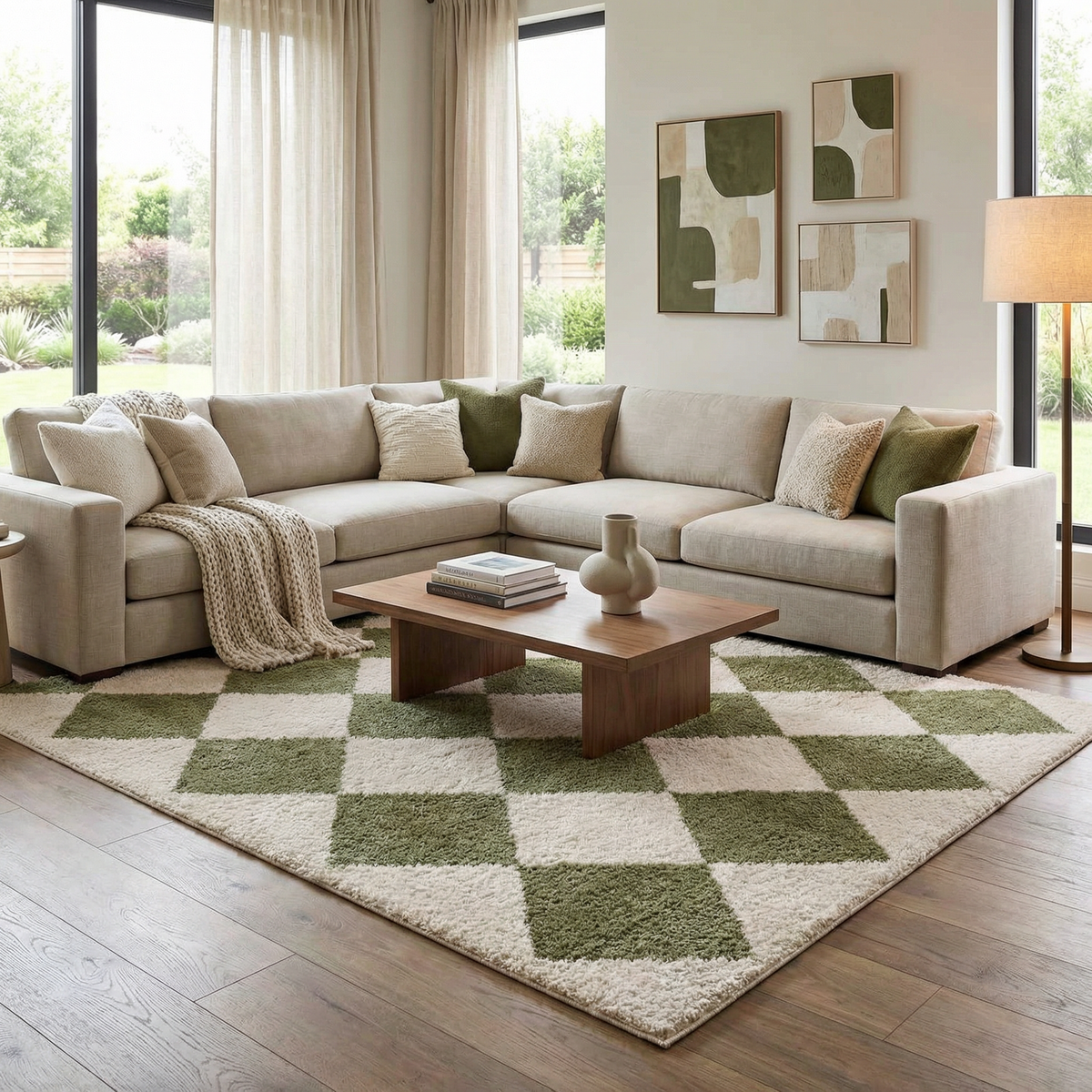 Arilla Green Washable Diamond Area Rug