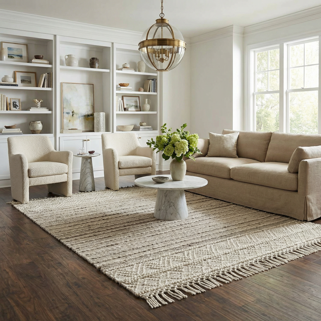 Cream Veruela Wool Blend Braided Tassel Area Rug