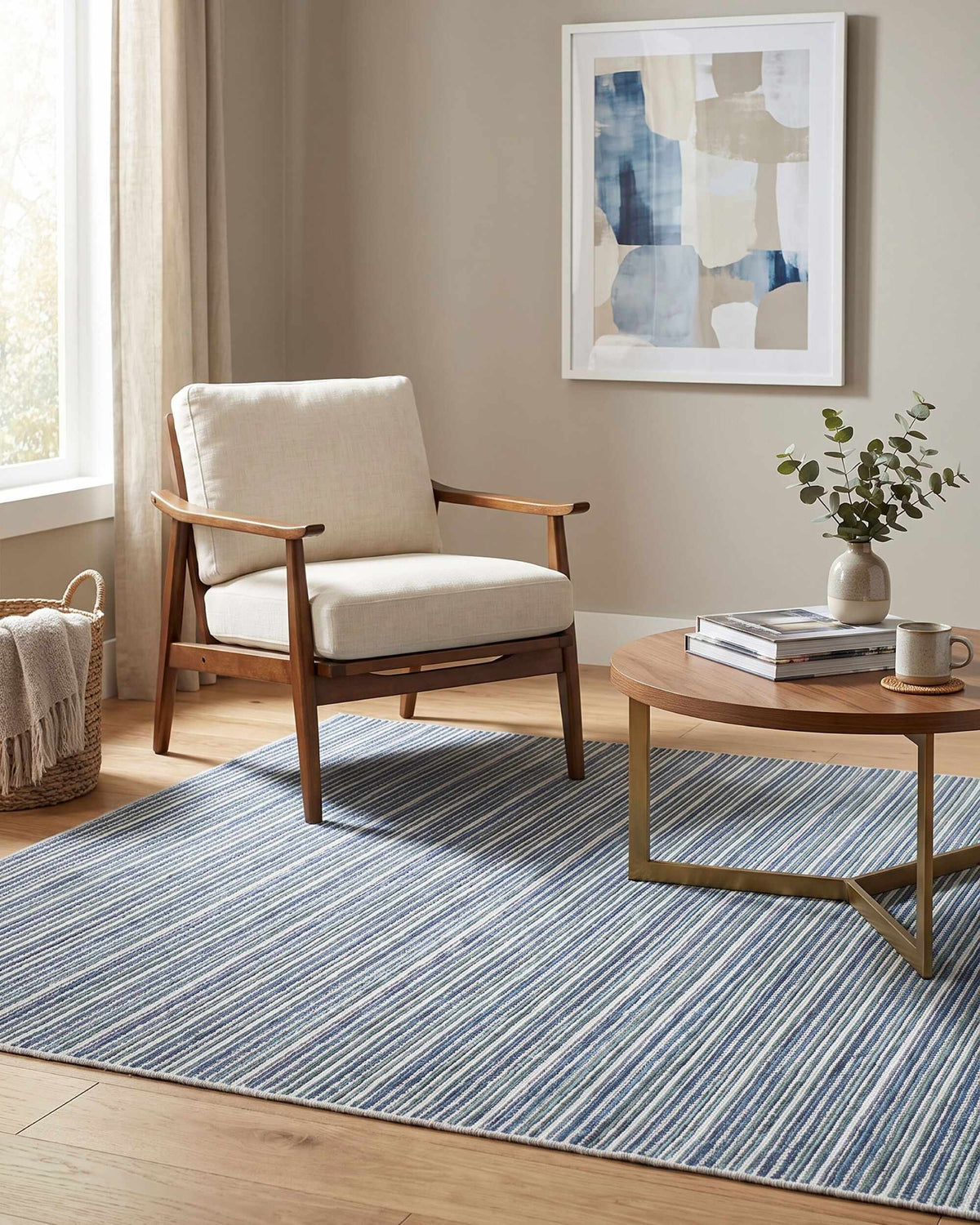 Jachai Blue Straped Washable Area Rug