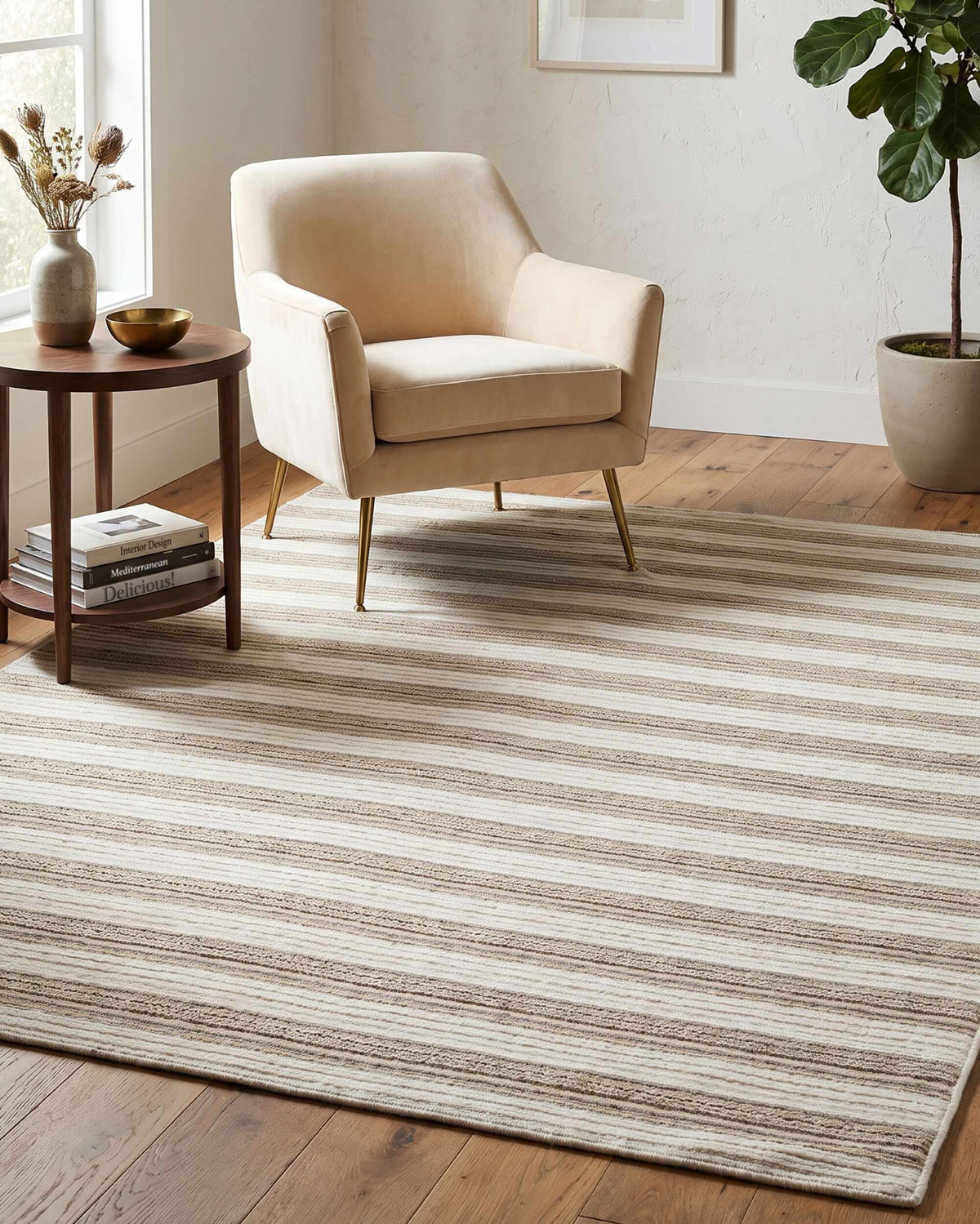 Frymet Beige Striped Washable Area Rug