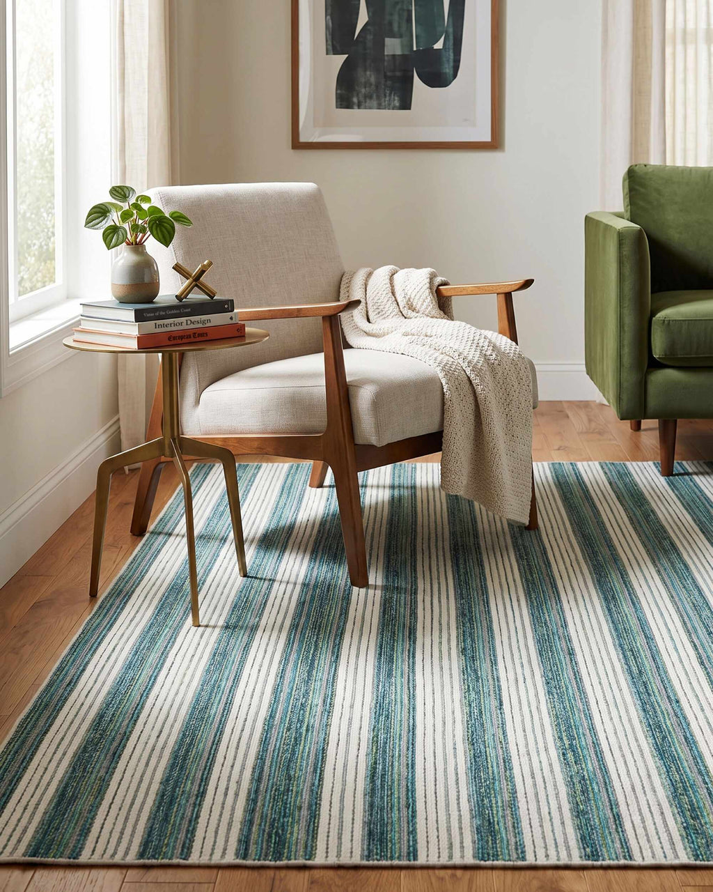 Frymet Green Striped Washable Area Rug