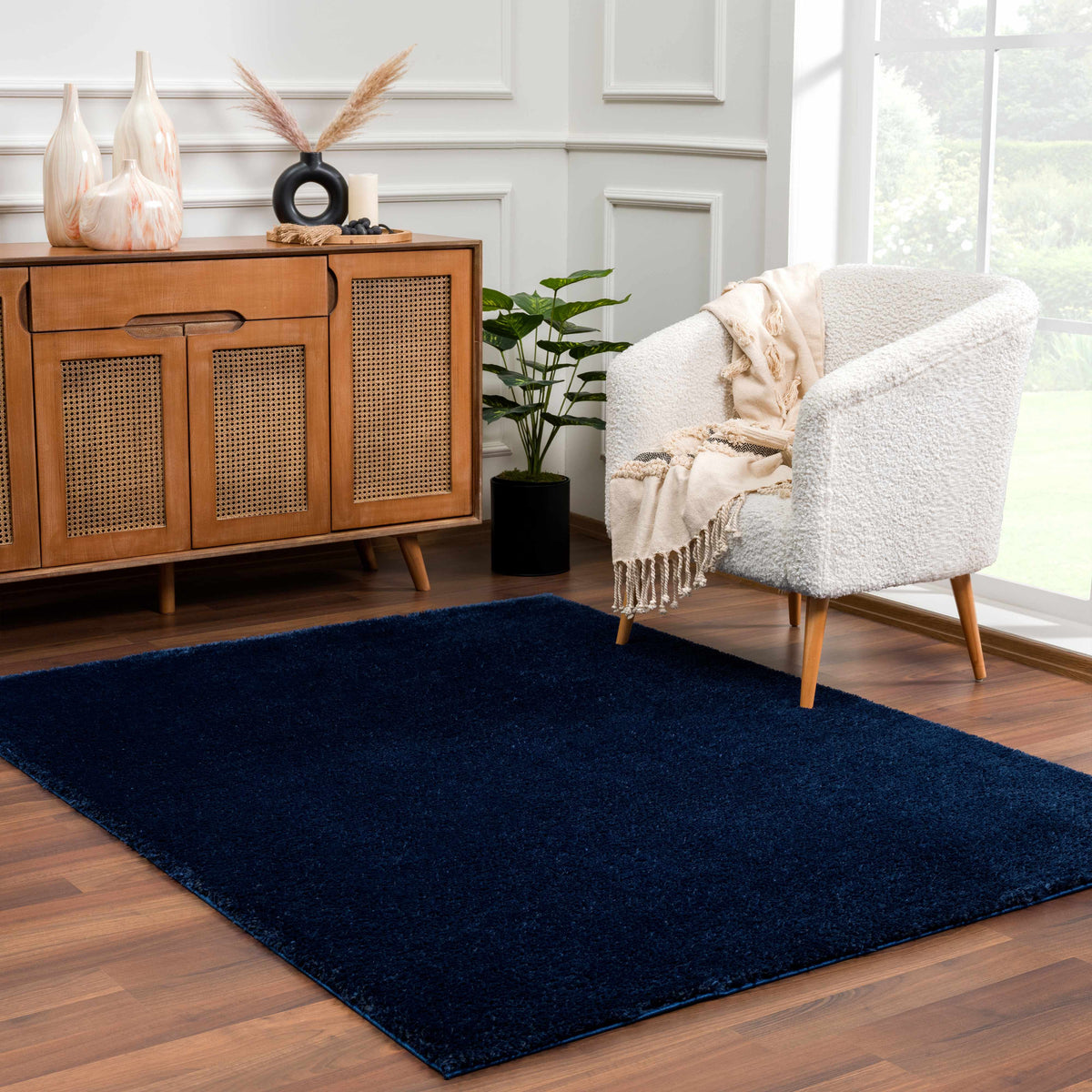 Navero Dark Blue Subtle Wavy Abstract Modern Minimalist Polyester Machine Woven Area Rug - Clearance