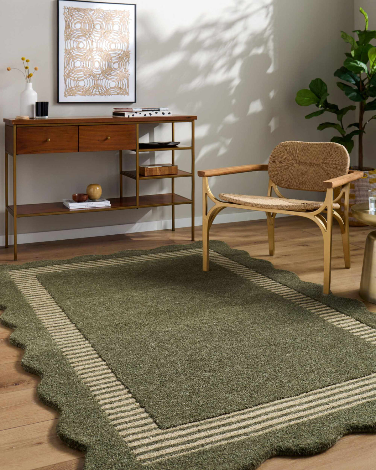 Wone Green Border Hand Tufted Wool Area Rug