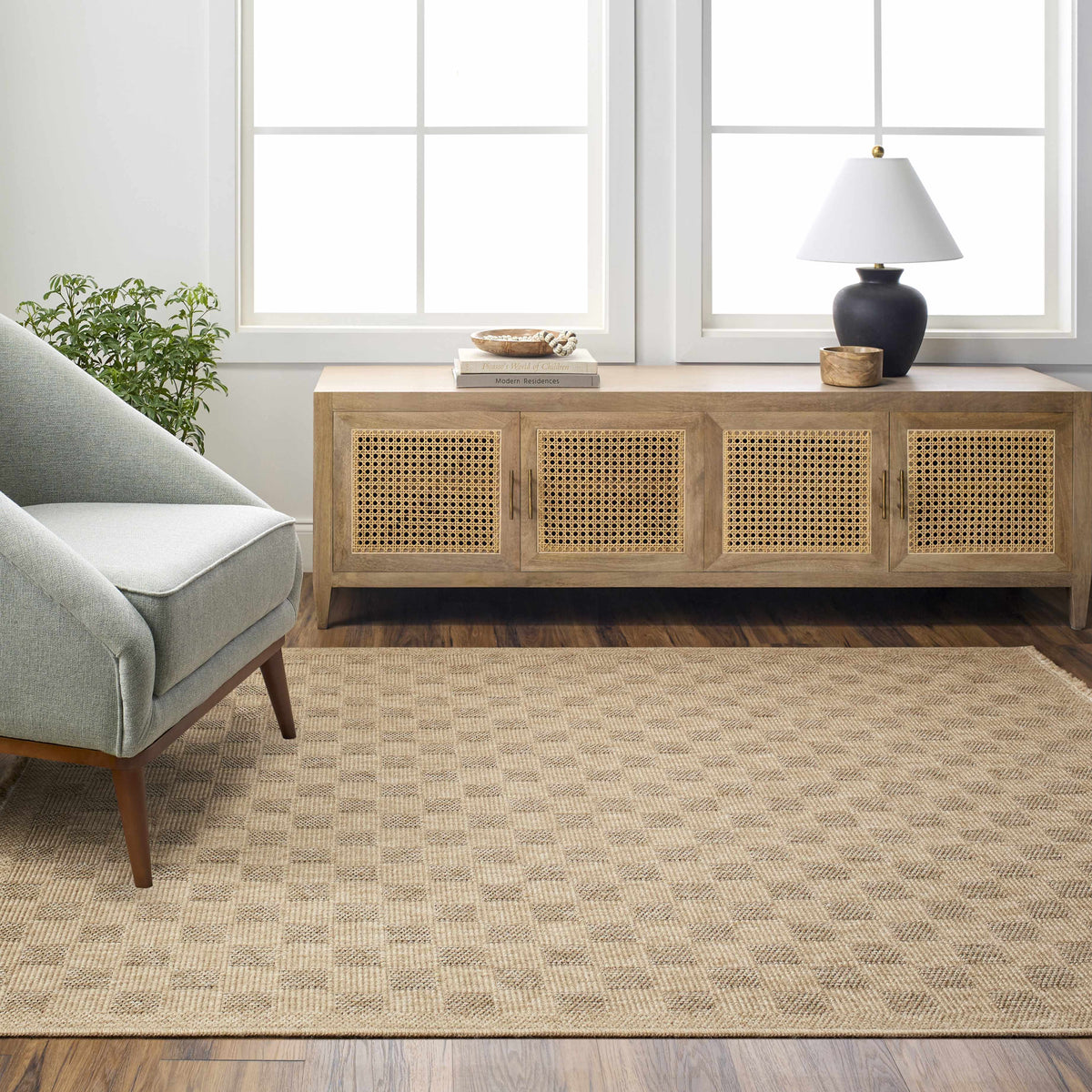 Jurek Beige Checkered Outdoor Area Rug