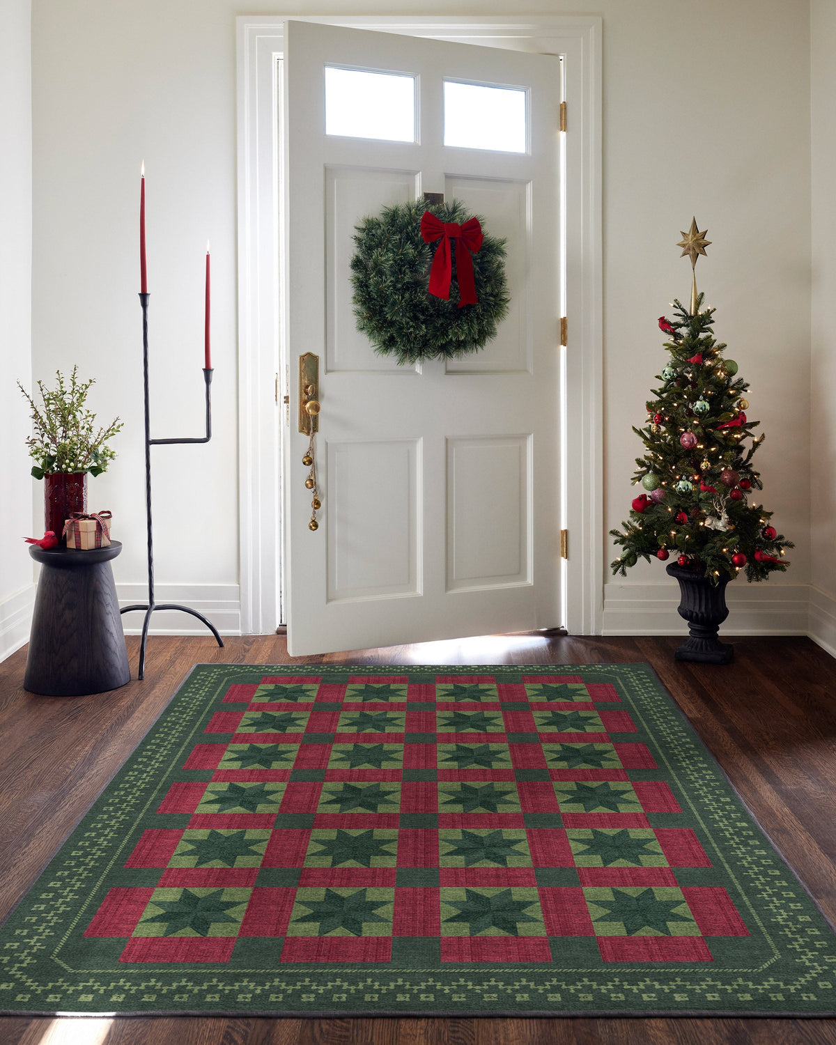 Starling Green & Red Rug
