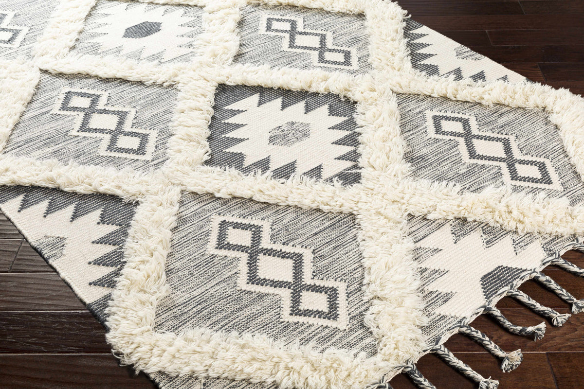 Sultan Charcoal/Beige Tribal Tassel Wool Rug - Clearance