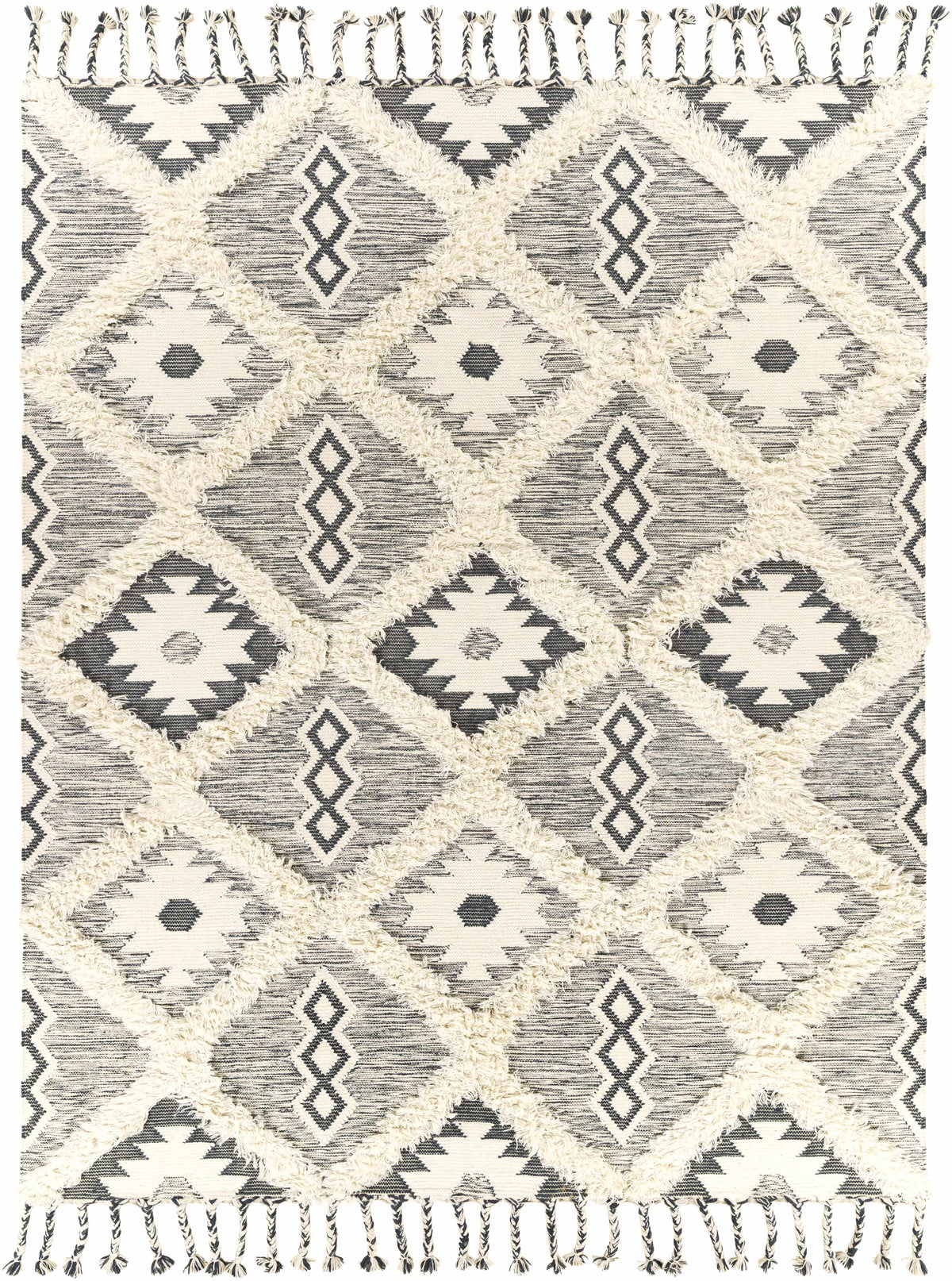 Sultan Charcoal/Beige Tribal Tassel Wool Rug - Clearance