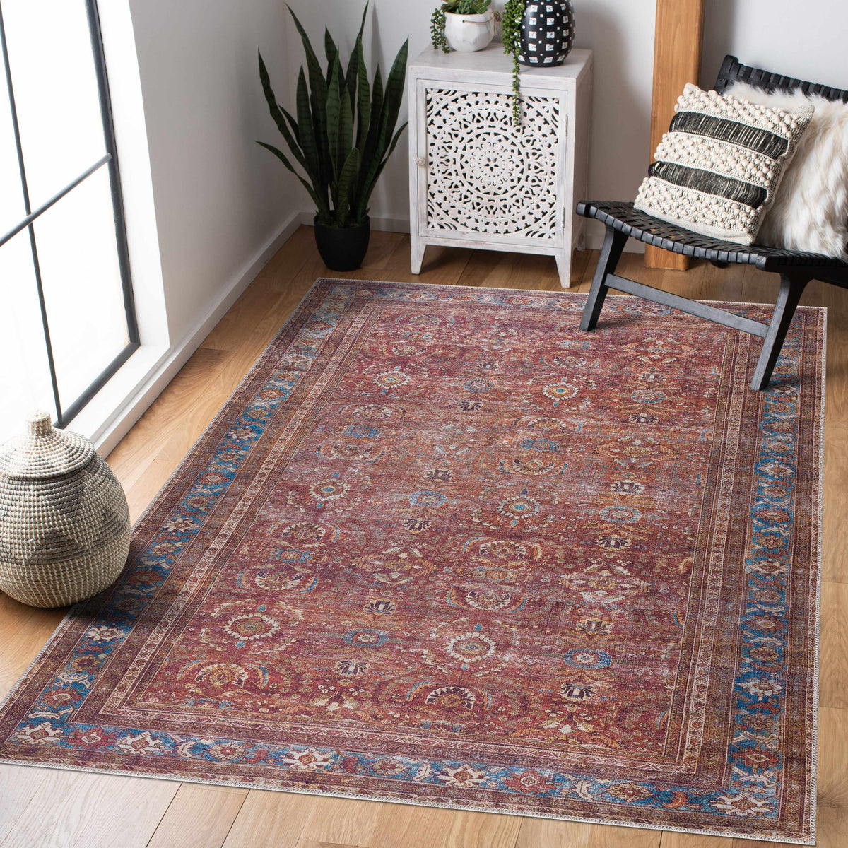 Rust Baki Traditional Washable Area Rug
