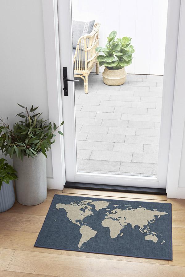 World Map Blue Flatwoven Rug