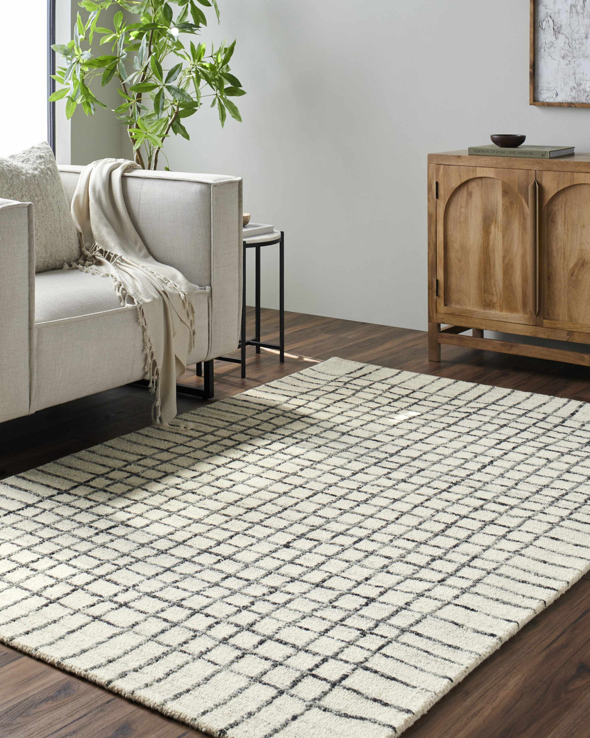 Yates White Grid Wool Area Rug - Clearance